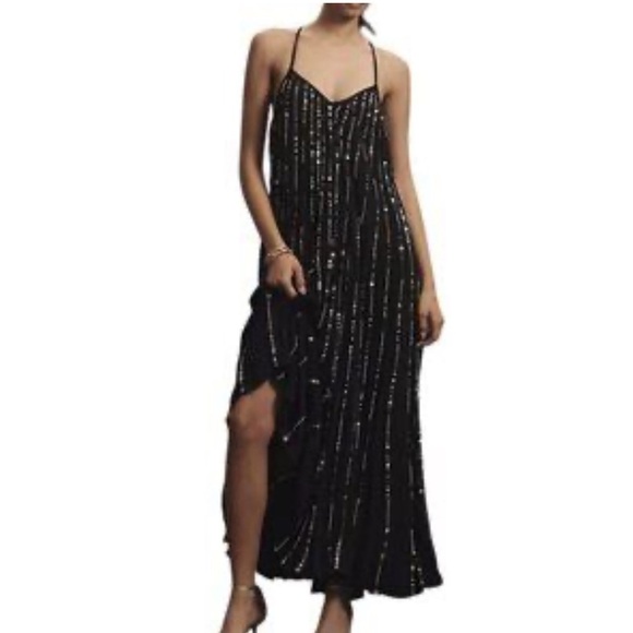 NWT Farm Rio V Neck Sequins Slip Maxi Dress Women Size M In Black Sleeveless - Picture 1 of 17